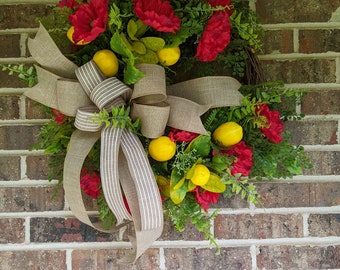 Lemons and Poppies, Summer Front Door Wreath, Farmhouse Summer Wreath, Lemon Wreath for Front Door, Summer to Fall Wreath, Country Charm