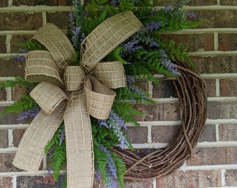 Lavender and Fern Wreath for Front Door, College Dorm Room, Cottage Style, Farmhouse Wreath, Screen Porch area Decor, Mothers Day Gift