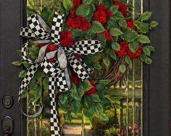 Red Geranium Wreath, Farmhouse Check Bow, Spring Summer Door Decor