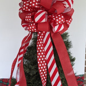 Large Candy Cane Stripe Red and White Christmas Tree Topper Bow 