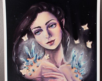 Crystalys- Pop Surrealism Fine Art Print - Crystal - Moth - Witch - Fantasy - Goddess - Nouveau - Gift - Magic - Mystical - Fairy - Nymph