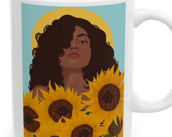 Sunflower Woman Leo Curly Haired Latina Ceramic Mug, (11oz, 15oz)