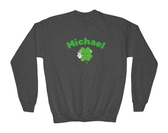 Cute Shamrock Character Your Name Crewneck Sweatshirt | St. Patrick's Day Kids Personalized