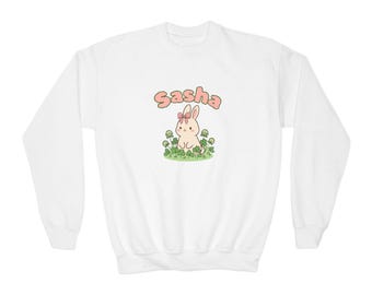 Cute Bunny Name Personalized Youth Sweatshirt | Floral Clover Rabbit Illustration