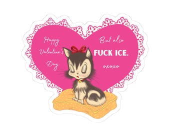Vintage Kitten Heart Sticker | 'F@ck ICE' Valentine Kiss-Cut Sticker