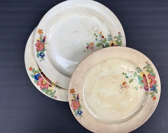 Vintage plates pastel border Tielsch square porcelain floral garden party mismatch Germany Six 8 Square Salad Plates C