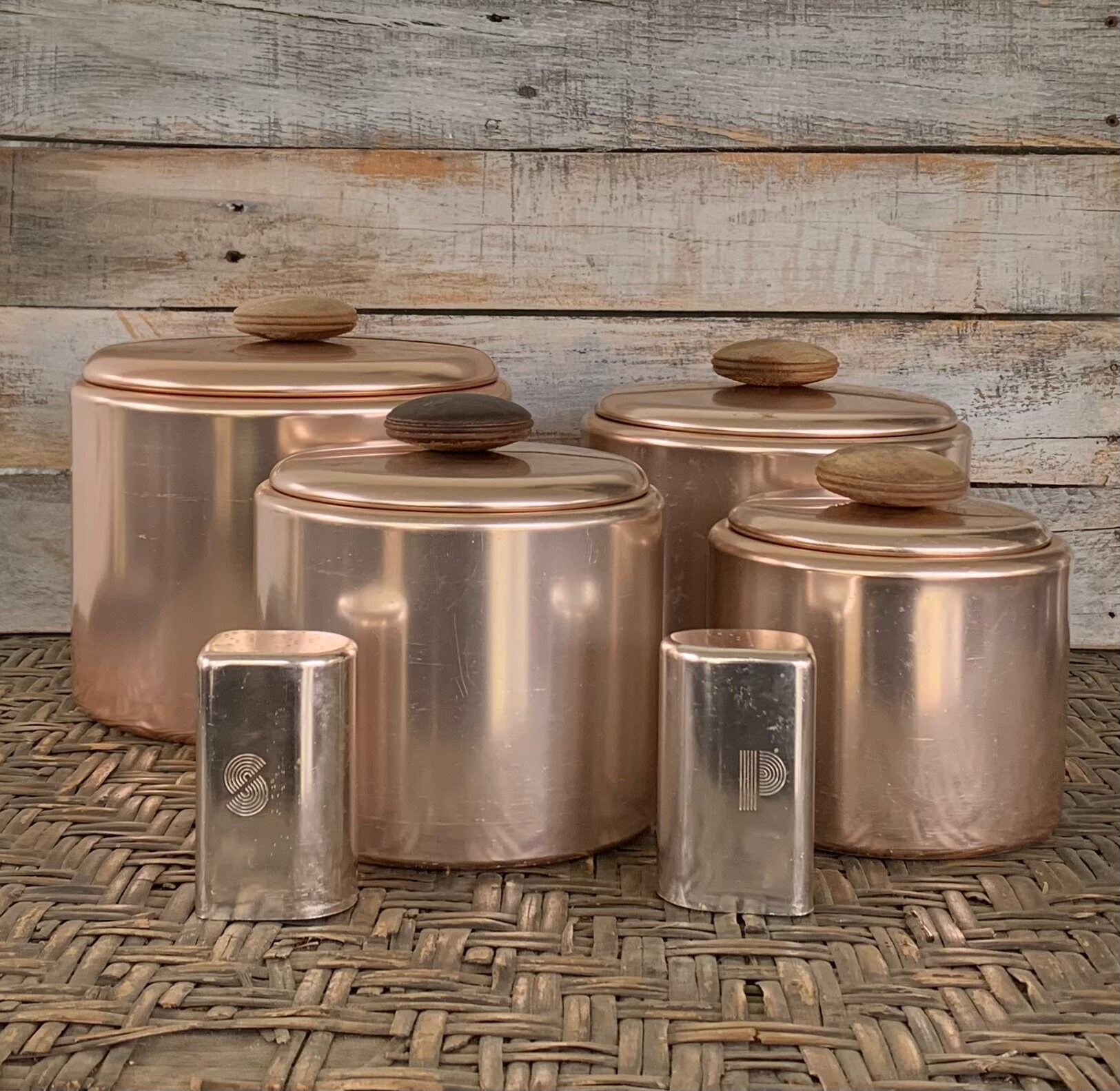 Vintage mirro aluminum canister set good / copper colored aluminum canisters with wood knobs