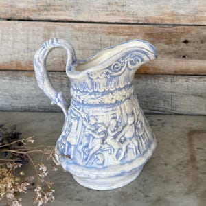 Blue White Ceramic Pitcher: Hunt Scene Studio Pottery Jug