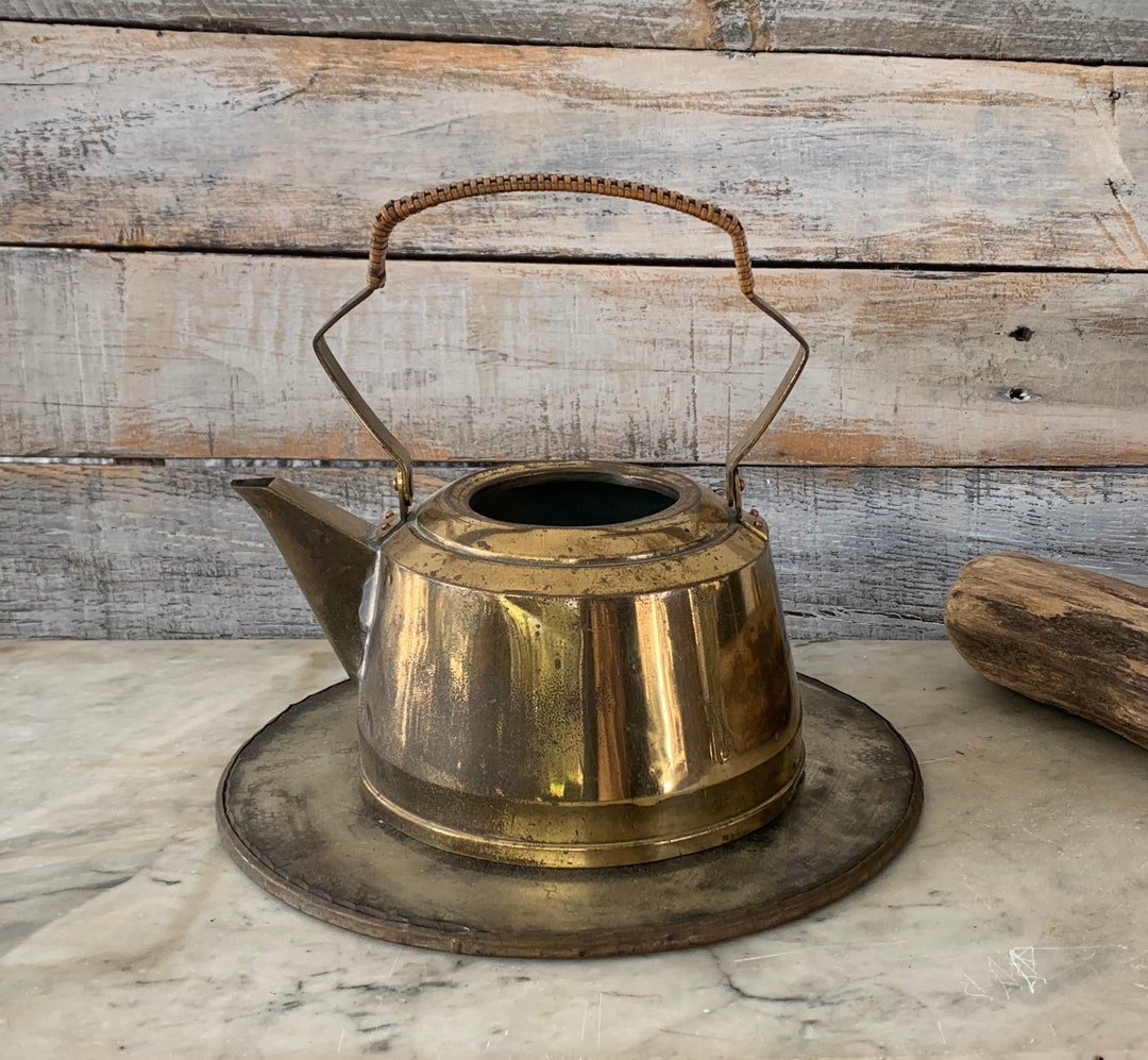 Vintage Brass Tea Kettle With Rattan Wrapped Handle Etsy