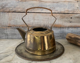 Vintage Brass Tea Kettle with Rattan Wrapped Handle