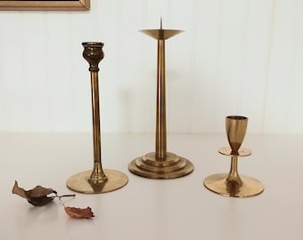 Vintage Mismatched Brass Candle Holders - Set of Three Graduated Candlestick Holders - Taper & Pillar Candleholders - Vintage Home Decor