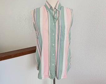 Vintage Pink and Green Striped Sleeveless Top - Womens Size Medium Button Up Collared Blouse - Krazy Kat 100% Cotton Shirt