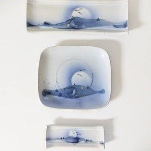 Set of Three Pottery Sushi Trays - Handmade Pottery Blue and White Bird Landscape Serving Trays - Vintage Home Decor
