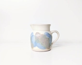 Vintage Pottery Pitcher - Handmade Pitcher - Small Studio Pottery Pitcher - White, Cream, and Blue Pitcher or Vase - Vintage Home Decor