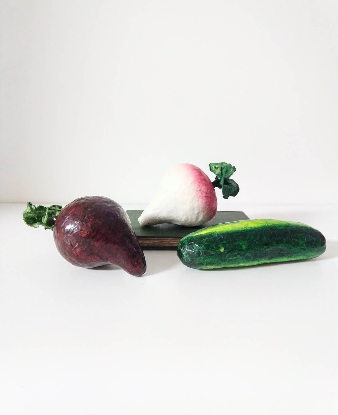 Vintage Paper Mache Vegetables Faux Decorative Beet, Radish, Cucumber Set of Three Display