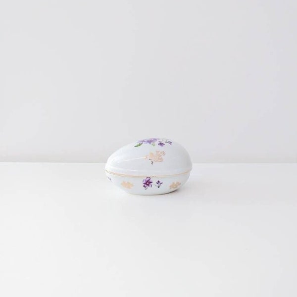 Vintage Lefton Egg Trinket Box - Floral Violets and Gold Trim Trinket or Jewelry Box - Vintage Home Decor