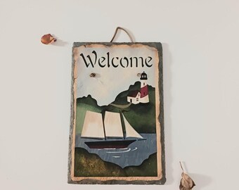 Vintage Painted Slate Hanging Welcome Sign