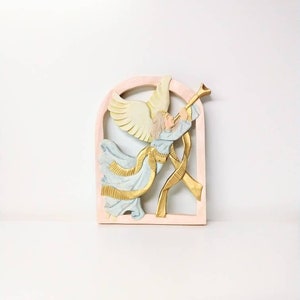 Wooden Angel Wall Hanging - Pink, Blue, Yellow, Gold Wall Decor - Angel With Trumpet Carved Wood Plaque - Philippines Vintage Home Decor
