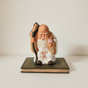 Vintage Chinese Mudman God of Longevity Coin Bank - Hand Crafted Pottery Statue Figurine - Vintage Home Decor