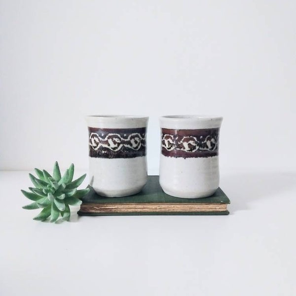 Handmade Pottery Tea Cups Tumblers, Mugs, or Juice Cups - O'Clay Studio Pottery Brown and Gray Cups - Set of Two Vintage Hand Thrown Cups