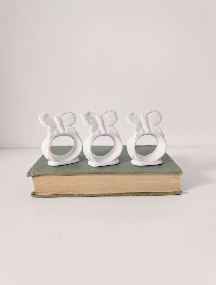 Butterfly Napkin Rings Set of Three Vintage White Figural Butterfly Shaped Standing Napkin Holders