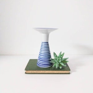 Pottery Candle Holder - Sleek Striped Blue and White Hand Made Studio Pottery Pillar or Taper Candle Holder - Vintage Home Decor