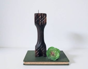 Vintage Carved Wood Votive Pillar Candle Holder - Sculptural Brutalist Wooden Candleholder - Vintage Home Decor