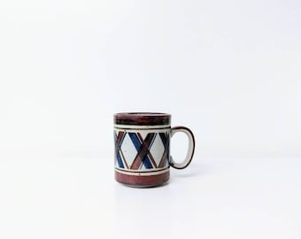 Vintage Stoneware Mug - Gray, Brown, Blue Speckled Coffee Cup - Geometric Vintage Mug