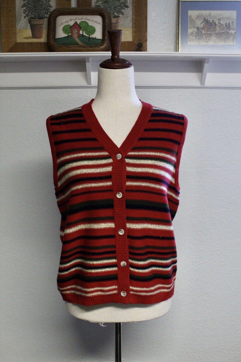 Vintage Pendleton Striped Cotton Sweater Vest - Womens Size Medium Button Front Knit Top image 1