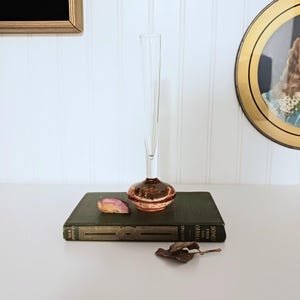 May include: A clear glass bud vase with a copper-colored base, resting on a dark green book. A dried rose petal and a brown leaf are next to the book. The vase is tall and slender, with a rounded base.