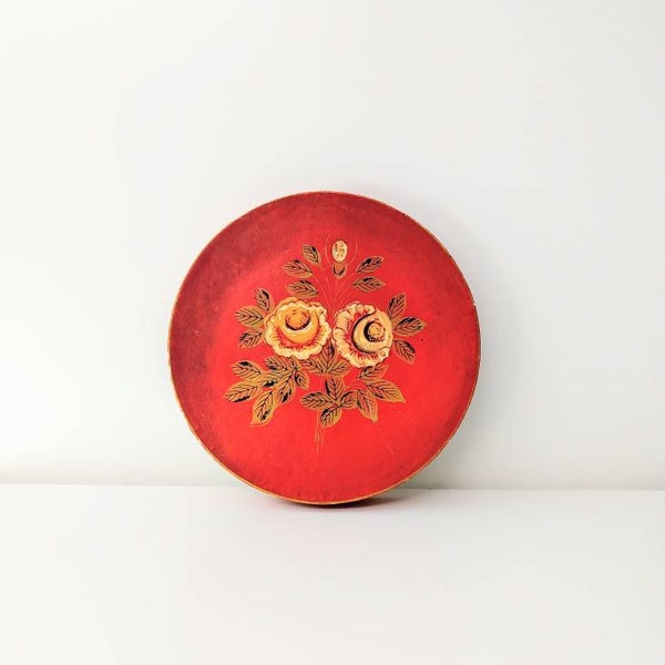 Occupied Japan Vintage Box - Round Thin Red Box with Hand Painted Roses - Lacquered Paper Mache Box - Vintage Home Decor