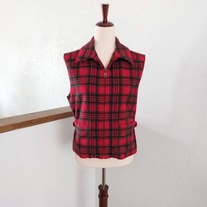 Chaleco de ropa exterior a cuadros rojos vintage - tamaño de mujer pequeño David Brooks chaleco con cuello con cremallera - tartán rojo y verde