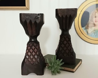 Vintage Set of 2 Wooden Made in Spain Candle Holders - Brutalist Gothic Medieval