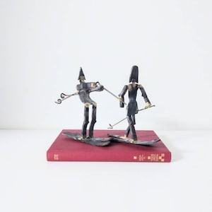 Two Skiers Welded Statue - Hand Made Metal Brutalist Skiing Sculpture - Vintage Home Decor