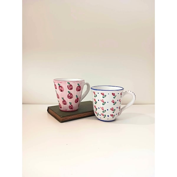Set of Two Hand Painted Italian Mugs - Vintage Pink and Blue Floral Coffee Cup Set - Flower and Fruit Pattern