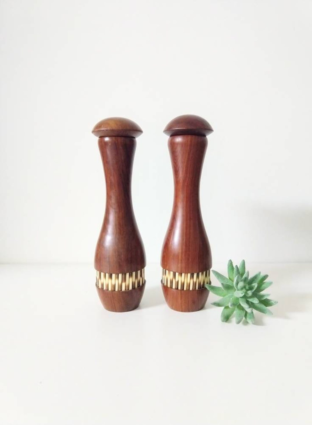 Tall Wooden Salt and Pepper Shakers Mid Century Modern Wood Shaker Set With Decorative Inserts