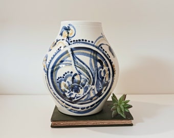 Hand Made Pottery Vase - Vintage Studio Pottery Vase with Bold Blue Yellow Abstract Design