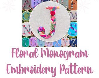 PDF Pattern - Letter J Floral Monogram, Embroidery Pattern, Alphabet, Needlepoint, Beginners Embroidery