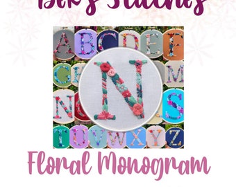 PDF Pattern - Letter N Floral Monogram, Embroidery Pattern, Alphabet, Needlepoint, Beginners Embroidery