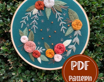 PDF Pattern - Autumn Blossoms, Intermediate Embroidery, Embroidery Pattern, DIY Embroidery, Hoop Art, Hand Embroidery, Pumpkin Embroidery