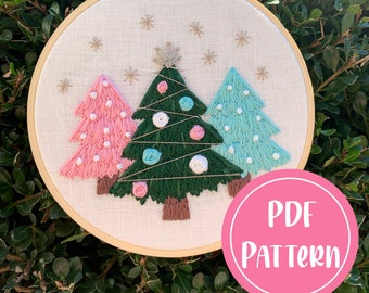 PDF Pattern - Merry & Bright Christmas Trees, Intermediate Embroidery, Embroidery Pattern, Hoop Art, Hand Embroidery, Winter Embroidery