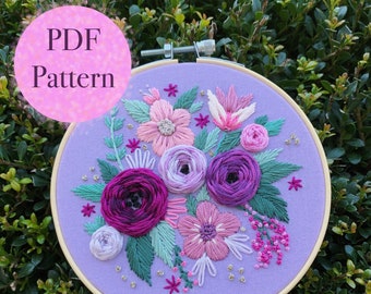 PDF Pattern - Purple Posy, Intermediate Embroidery, Embroidery Pattern, DIY Embroidery, Hoop Art, Hand Embroidery, Floral Embroidery