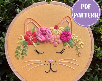 PDF Pattern - Floral Feline, Flower Crown Kitten, Cat Embroidery Pattern, DIY Embroidery, Hand Embroidery