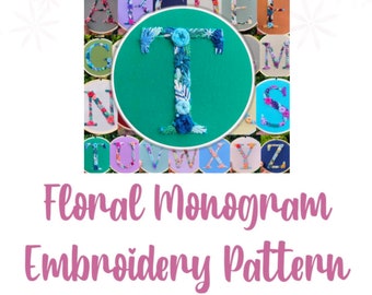 PDF Pattern - Letter T Floral Monogram, Embroidery Pattern, Alphabet, Needlepoint, Beginners Embroidery