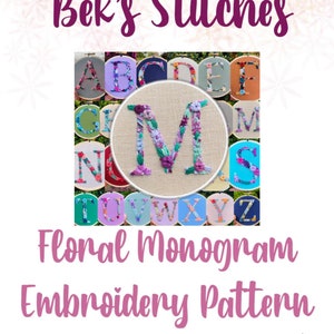Padrão PDF - Monograma Floral Letra M, Padrão de Bordado, Alfabeto, Bordado, Bordado para Iniciantes