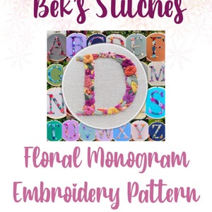 PDF Pattern - Letter D Floral Monogram, Embroidery Pattern, Alphabet, Needlepoint, Beginners Embroidery