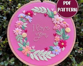 PDF Pattern - Wildflower Wreath, Valentine's Day Hand Embroidery Pattern, I Love You Embroidery Pattern, DIY Embroidery, Hand Embroidery