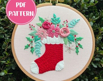PDF Pattern - Fresh Stem Stocking, Floral Christmas Stocking Embroidery, Intermediate Embroidery Pattern, DIY Embroidery, Hand Embroidery