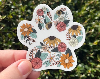 Floral Paw Print Vinyl Sticker, Dog Sticker, Cat Sticker, Pet Sticker, Waterproof Stickers