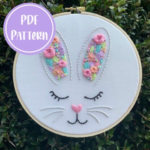 PDF Pattern - Hoppy Easter Bunny, Beginner/Intermediate Embroidery, Embroidery Pattern, DIY Embroidery, Hand Embroidery, Floral Embroidery